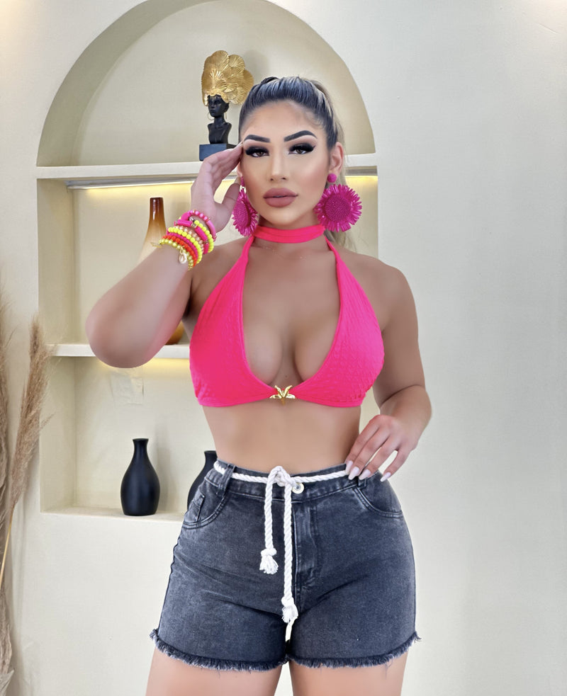 Short Jeans Cintura Alta Desfiado com Cinto