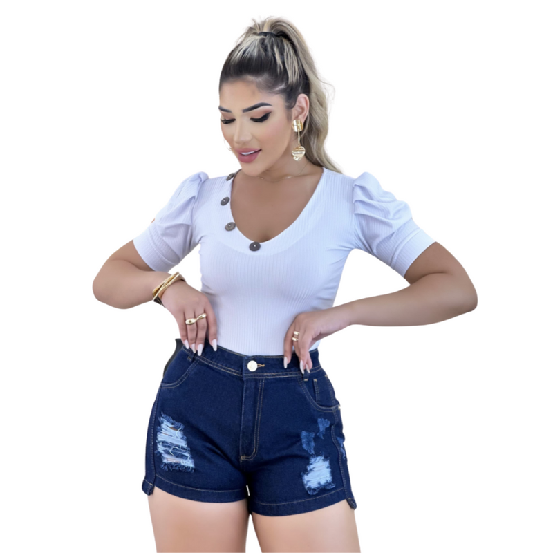 Short Jeans Feminino Destroyed Cós Alto Detalhes