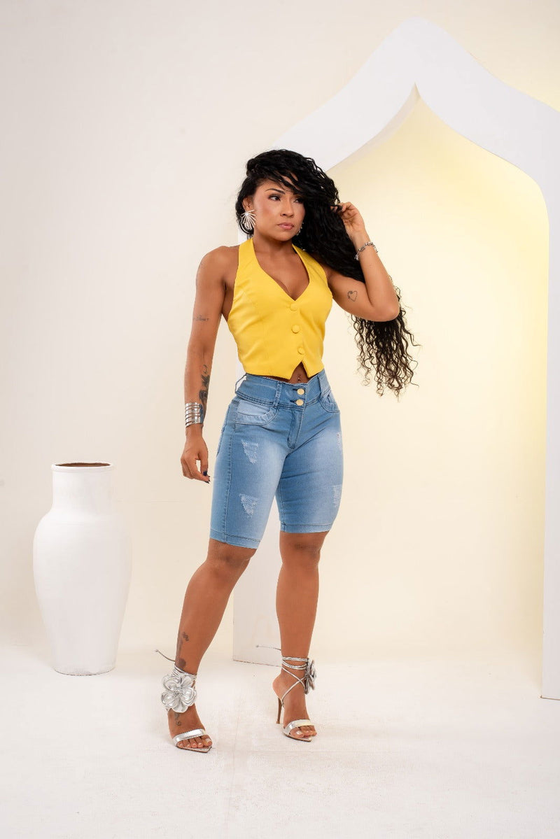 Bermuda Jeans Feminina Longa Cintura Alta Levanta Bumbum - Bs Multimarcas
