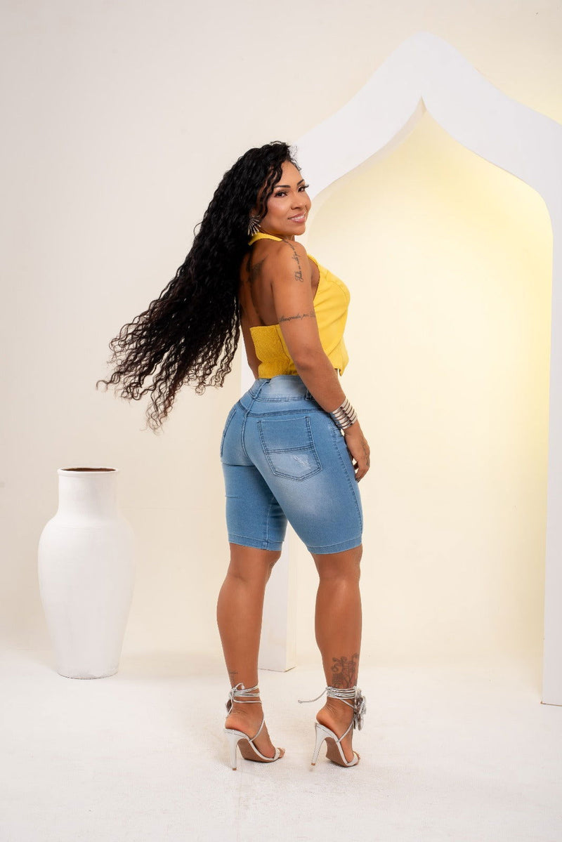 Bermuda Jeans Feminina Longa Cintura Alta Levanta Bumbum - Bs Multimarcas