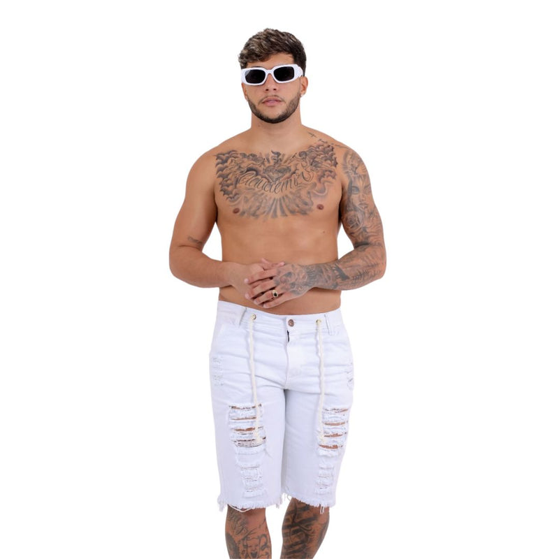 Bermuda Jeans Masculina Destroyed 100% Algodão Branca -  -