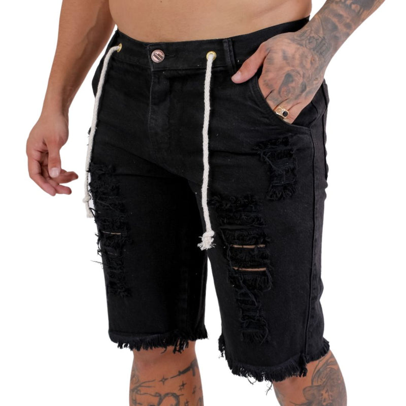 Bermuda Jeans Masculina Destroyed 100% Algodão Preta - bermuda jeans masculina 02 -