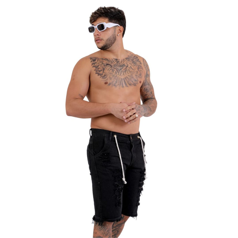 Bermuda Jeans Masculina Destroyed 100% Algodão Preta -  -