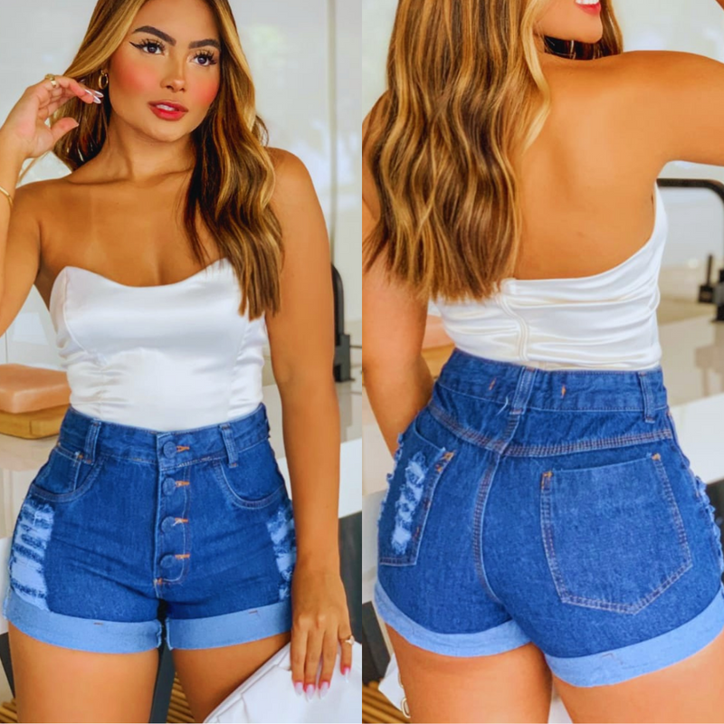 Short Jeans Feminino Cintura Alta Detonado - Bs Multimarcas