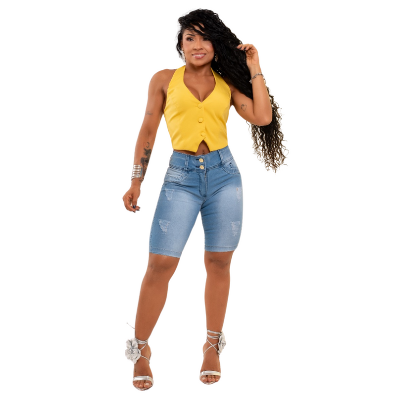 Short Jeans Feminino Longo Cintura Alta Levanta Bumbum - Bs Multimarcas
