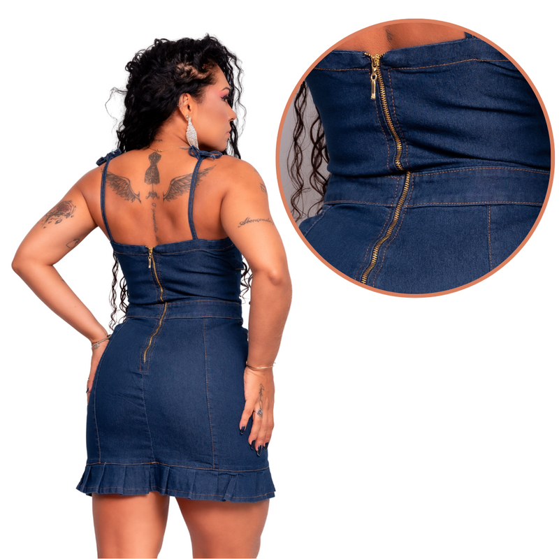 Vestido Jeans Feminino Midi Gola V - Bs Multimarcas