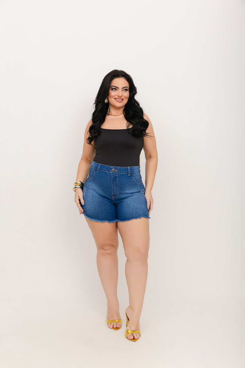 Short Jeans Plus Size Cintura Alta Desfiado