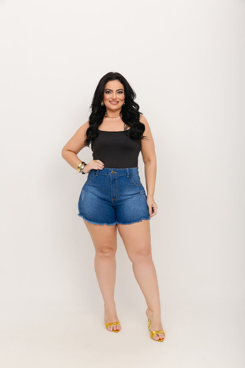 Short Jeans Plus Size Cintura Alta Desfiado