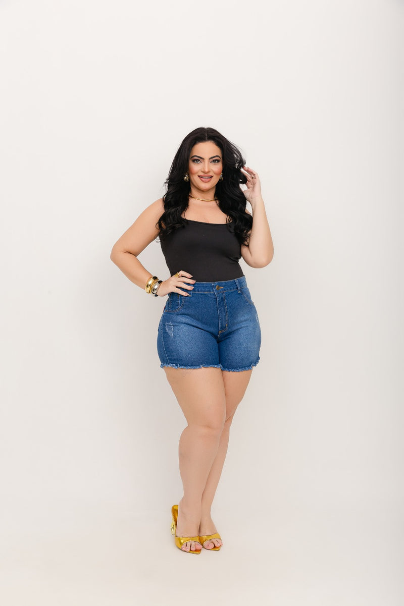 Short Jeans Plus Size Cintura Alta Desfiado