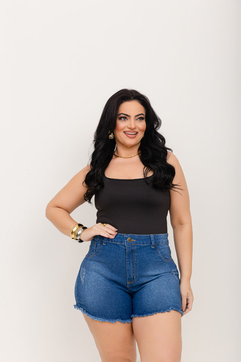 Short Jeans Plus Size Cintura Alta Desfiado