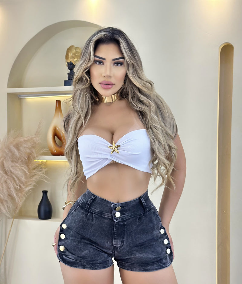 Short Jeans Feminino Botões Laterais